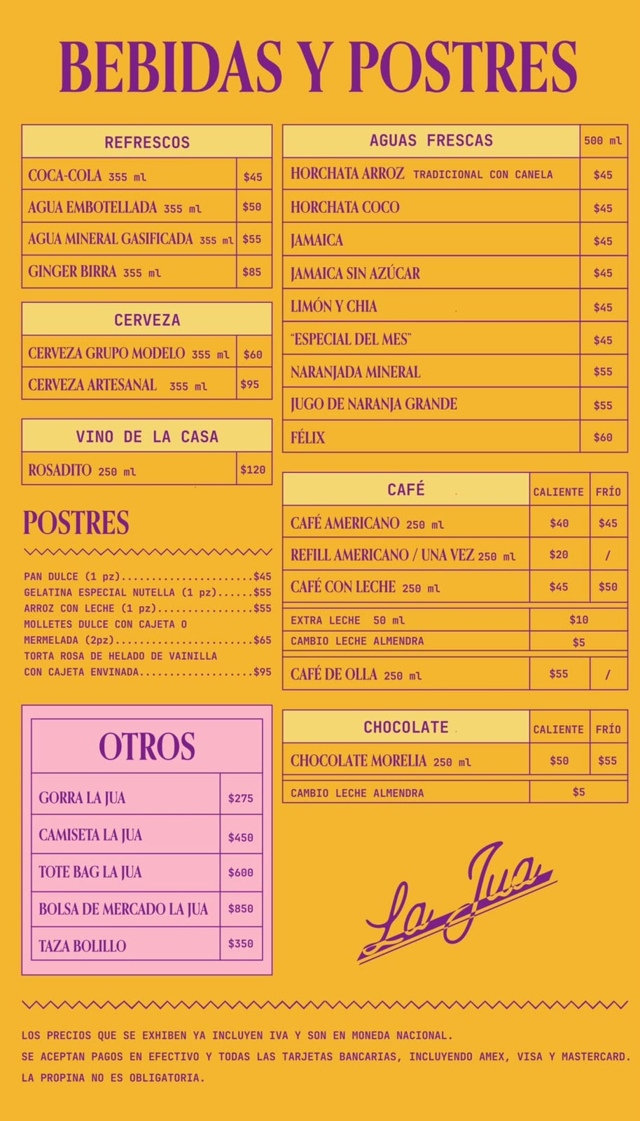 Carta de bebidas y postres LA JUA